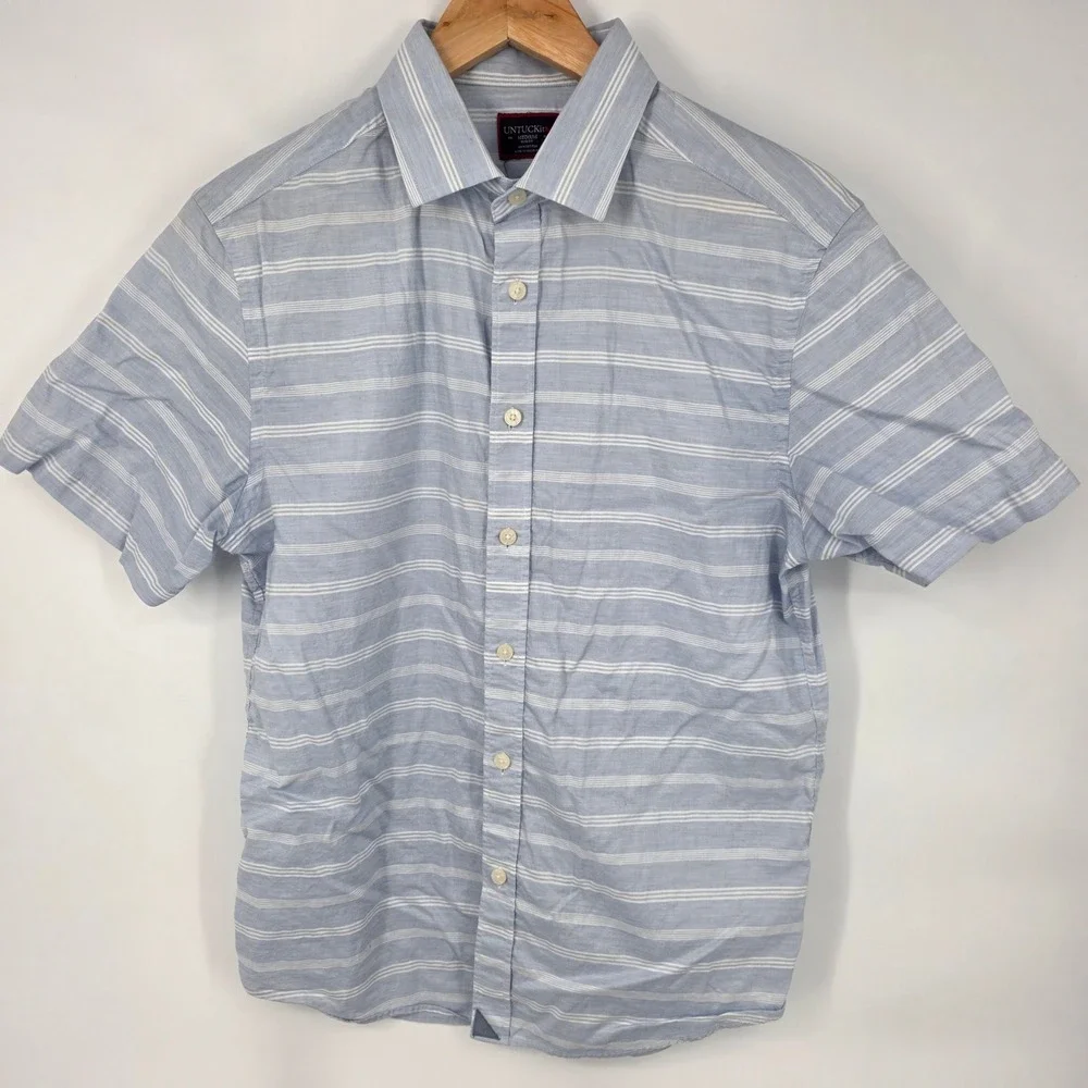 UNTUCKit Rueda Button‎ Down Shirt Mens Medium Blue Striped Slim Fit Short Sleeve